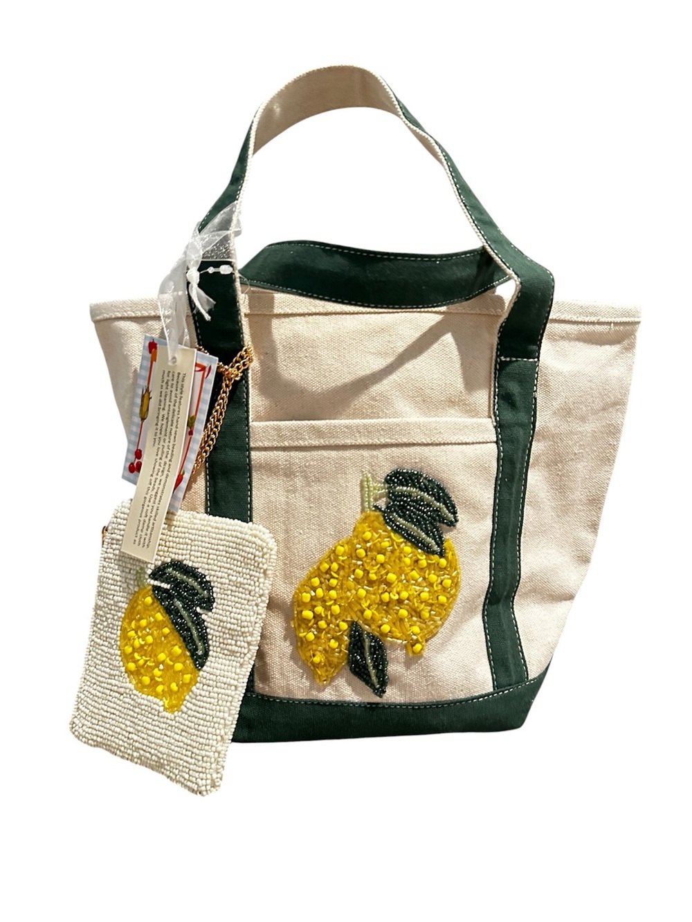 Canvas Lemon Embellished Tote Bag with Green Trim and matching coin pouch
